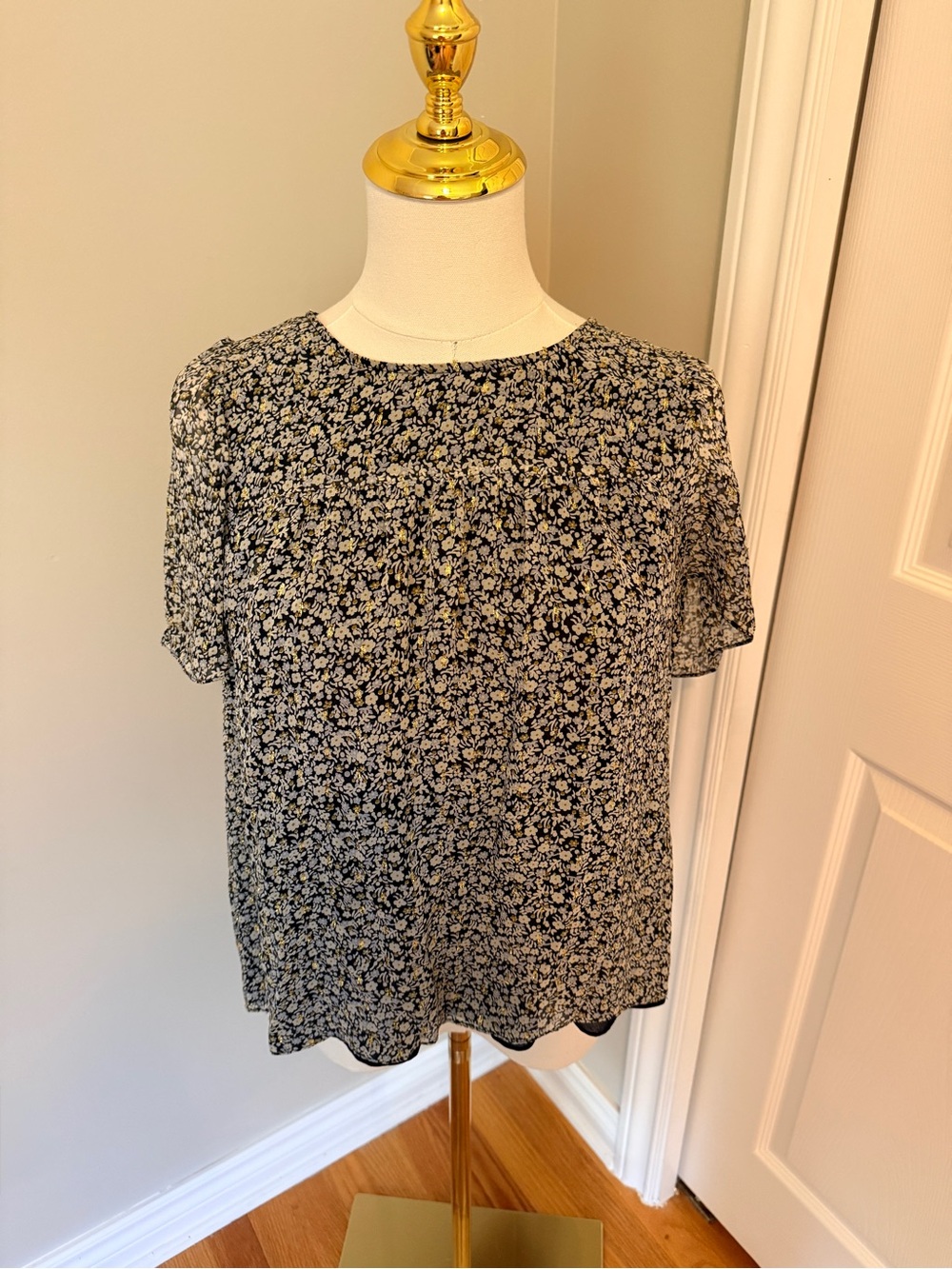 J. Crew Black Floral Short Sleeve Blouse with Sparkle